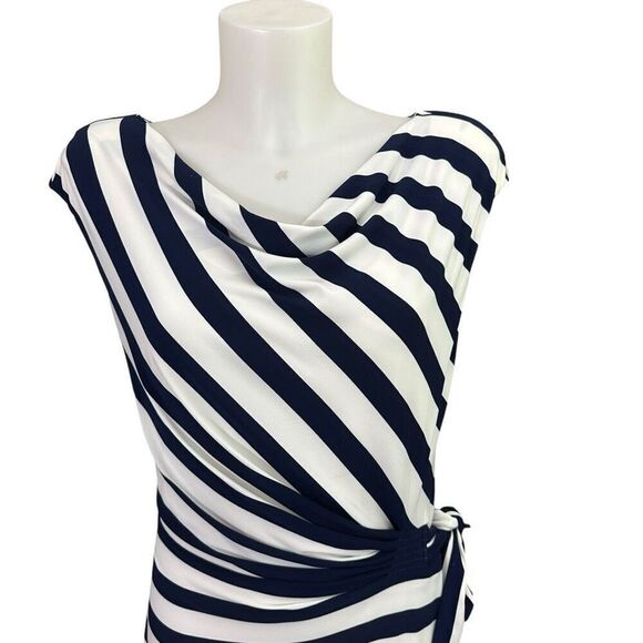 Ralph Lauren Navy White Striped Cap Sleeve Ruched Waist Drape Neck Dress sz‎ 12 - Picture 2 of 12